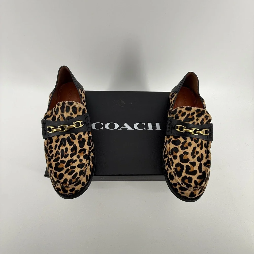 Coach Putnam Leopard Calf Hair Loafers‎ Black Leather Chain G2426 Natural 6.5B